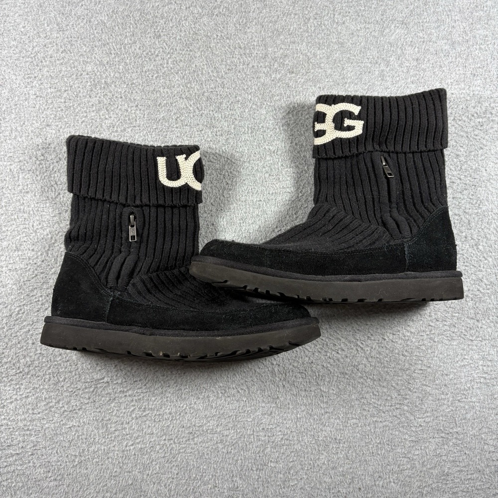 UGG Classic Knit Black Suede Zip Winter Boots Womens Size 10 Cuff Logo 1105709